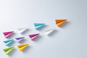 paper airplane flying among jet planes, minimalistic style, clean white background