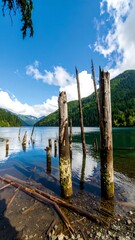 Lakeside logs reflecting a vibrant sky