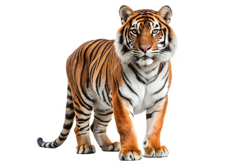 Obraz premium A majestic tiger standing and looking forward, isolated on transparent background