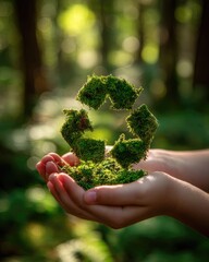 Child's hands holding moss recycle symbol in forest
