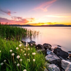 Lakeside sunset tranquility