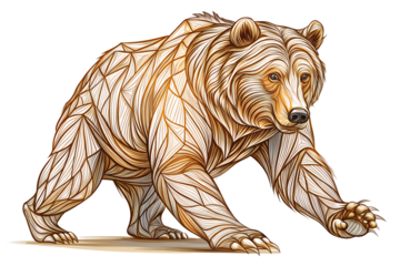 Stylized illustration of a walking grizzly bear with geometric patterns, isolated on transparent background