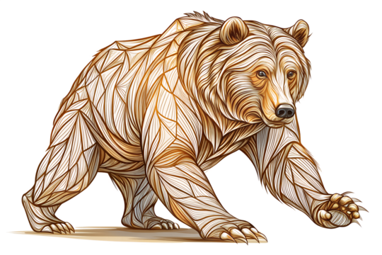 Stylized illustration of a walking grizzly bear with geometric patterns, isolated on transparent background - Powered by Adobe