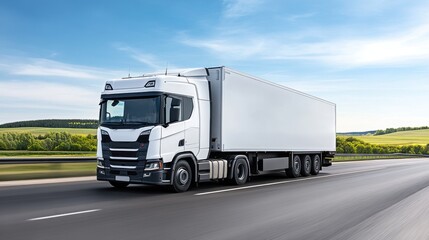 White Delivery Truck Driving on Open Highway Under Clear Blue Sky