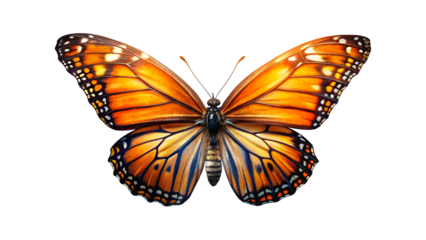 A vibrant orange and black butterfly with intricate wing patterns, isolated on a transparent background, symbolizing natures beauty and delicate transformation