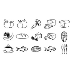 Healthy food vector illustration with fruits vegetables fish cheese bread and coffee outline drawing design art