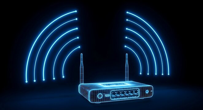 Futuristic glowing blue digital router emitting wireless wifi signals on a dark background