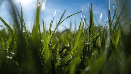 Obraz premium Sunlit Blades Close-Up of Fresh Green Grass Reaching for the Sky