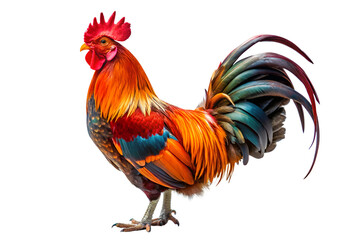 Fototapeta premium A vibrant, colorful rooster chicken with a prominent red comb and flowing tail feathers, isolated on transparent background, standing proudly