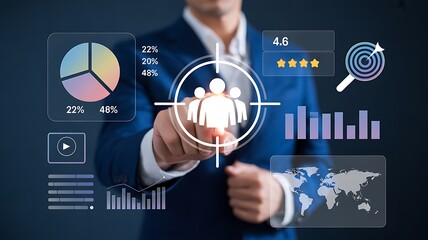 Business professional targeting customer data on a digital interface with analytics.