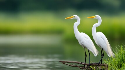 Obraz premium Two Elegant White Birds Near Calm Water in Lush Green Landscape