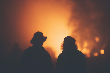 Silhouettes of two individuals stand against a dramatic backdrop of intense orange flames, creating a striking contrast. The scene evokes themes of danger, adventure, and the raw power of nature,