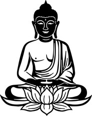 Black and white vector illustration of Buddha sitting on a lotus flower in meditation pose. Perfect for yoga, mindfulness, spiritual, Buddhism, and meditation themed designs