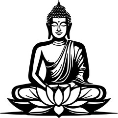 Black and white vector illustration of Buddha sitting on a lotus flower in meditation pose. Perfect for yoga, mindfulness, spiritual, Buddhism, and meditation themed designs