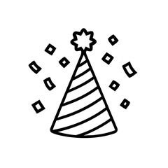 Line drawing of a party hat with star topper and square confetti