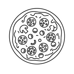 Outline style pizza with pepperoni, mushroom and cheese toppings drawing