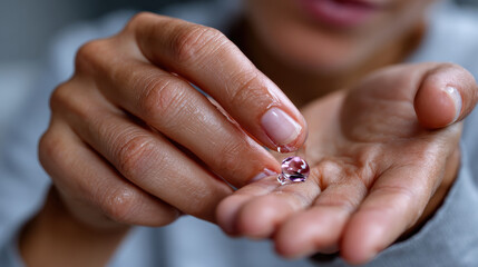 Close-up image of a woman holding colorful capsules in her palm, representing health, nutrition, and the importance of dietary supplements in daily wellness routines.