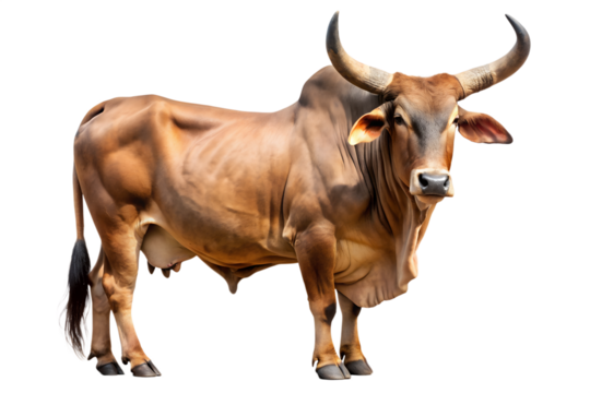 Brown bull with large horns isolated on transparent background, full length side view of a powerful male cattle animal with muscular body and tan hide
