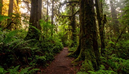 Obraz premium Lush forest path through mossy trees