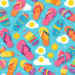 Vibrant and colorful illustration of various flip-flops, suns, and clouds on a blue background.