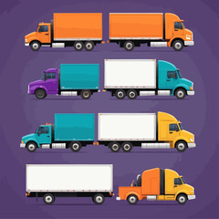 A collection of various types of trucks and trailers, showcasing different designs and color schemes for transportation and logistics.