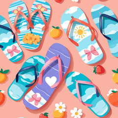 A vibrant and playful seamless pattern featuring colorful flip-flops decorated with summer motifs like clouds, sun, flowers, and fruit.