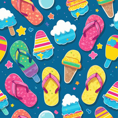 A vibrant seamless pattern featuring colorful flip-flops, ice cream cones, and popsicles scattered on a blue background with small stars.