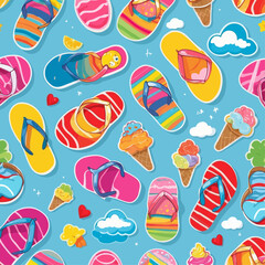 Vibrant summer pattern with flip-flops, ice cream cones, and cute clouds on a blue background.