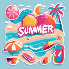 A vibrant sticker-style collage celebrating summer with a beach scene, umbrellas, a palm tree, and ocean waves.