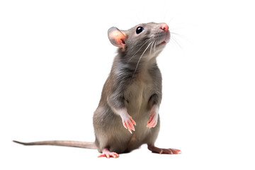 A small gray rat standing on its hind legs and looking up curiously, isolated on transparent background