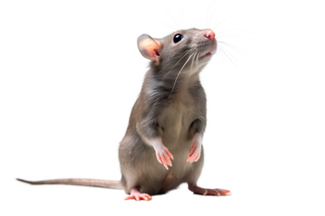 A small gray rat standing on its hind legs and looking up curiously, isolated on transparent background