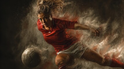 Determined blonde female soccer player in action, kicking the ball amidst a cloud of colorful powder on a dark stage