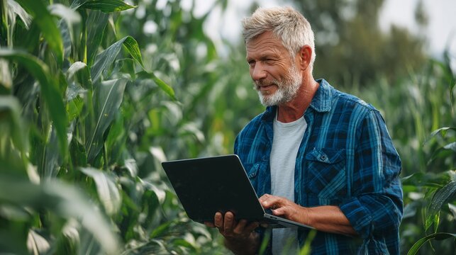 Senior Man Using Laptop in Green Cornfield on Cloudy Day - Powered by Adobe