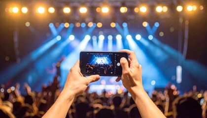 Immersive live concert experience captured on a smartphone by an audience member, highlighting the vibrant energy and lights of a music performance.
