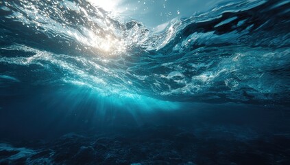 Fototapeta premium Underwater ocean sun rays, wave texture, deep sea, background, marine life