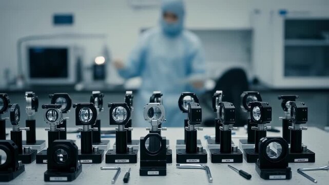 Set of interchangeable laser lenses and optical mounts organized neatly on a cleanroom bench for highenergy weapon research.