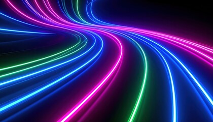 3D illustration of abstract neon curves forming glowing wave patterns