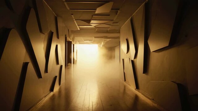 Modern geometric corridor with warm haze and depth