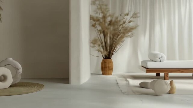 A minimalist interior with a daybed and dried grasses