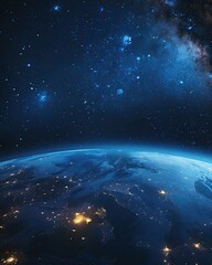 Fototapeta premium Night Earth Orbit, City Lights, Milky Way, Space Exploration, Poster