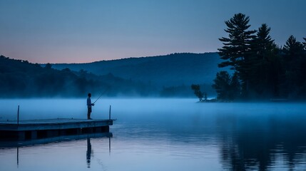 Serene Man Fishing on Dock Overlooking Misty Lake at Dawn in Peaceful Natural Setting