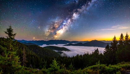 Fototapeta premium A breathtaking vista of a mountain landscape bathed in the ethereal glow of the Milky Way, with a sea of clouds at dawn.