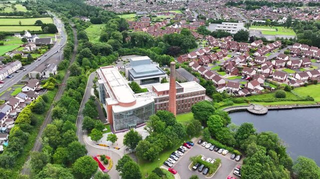 Aerial View of Mossley Mill, Theatre at The Mill, Museum at The Mill, Newtownabbey Co Antrim Northern Ireland 01-08-25 