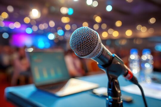 Close-up of a microphone on stage, ready for a conference speaker to take the podium, with soft focus bokeh lights in the background and laptop.