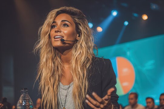 A confident young woman giving a motivational speech on stage with microphone, discussing data on a screen behind her, wearing a blazer and jewelry.
