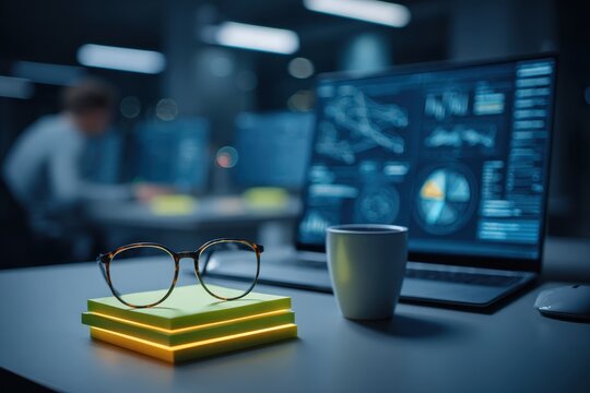 Close up of eyeglasses, sticky notes, and a coffee cup on a desk with a laptop displaying data charts, highlighting modern office productivity and focus.