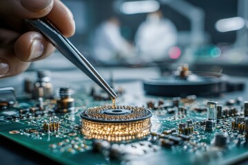 Close-up of a technician using tweezers to solder a microchip onto a circuit board, showcasing precision and technology, in a high-tech manufacturing environment.
