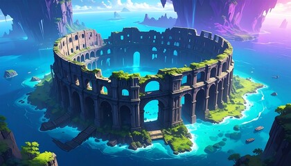 Ruined amphitheater in a vibrant ocean