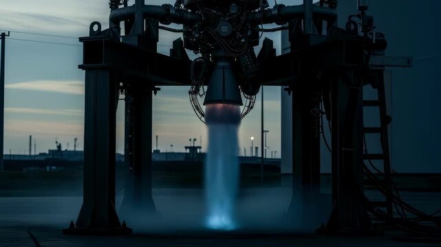 Lowangle shot emphasizing flame exhaust of a cryogenic rocket engine mounted on a rugged metal test stand during ignition.