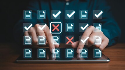 Person selecting correct options on a digital checklist, highlighting choices and decisions
